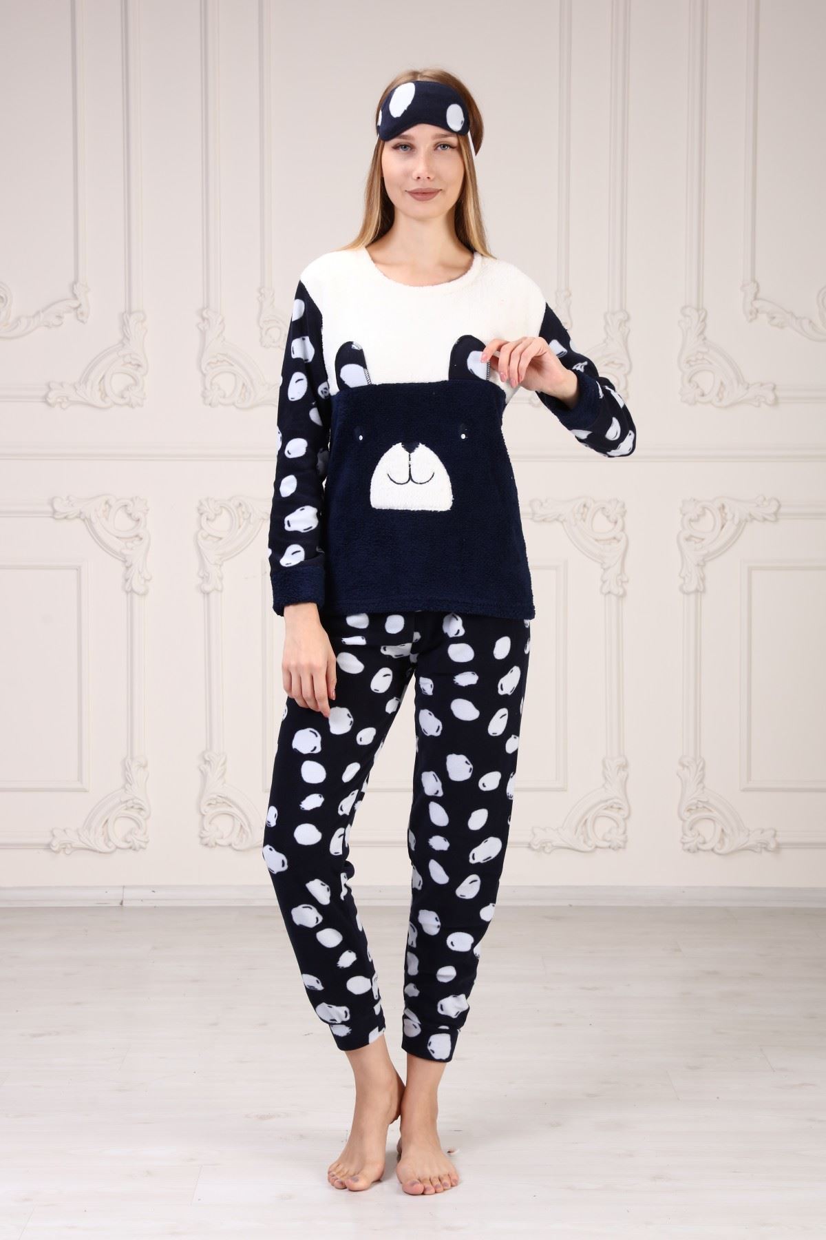 Göz Bantlı Baskılı Polar Pijama Takım