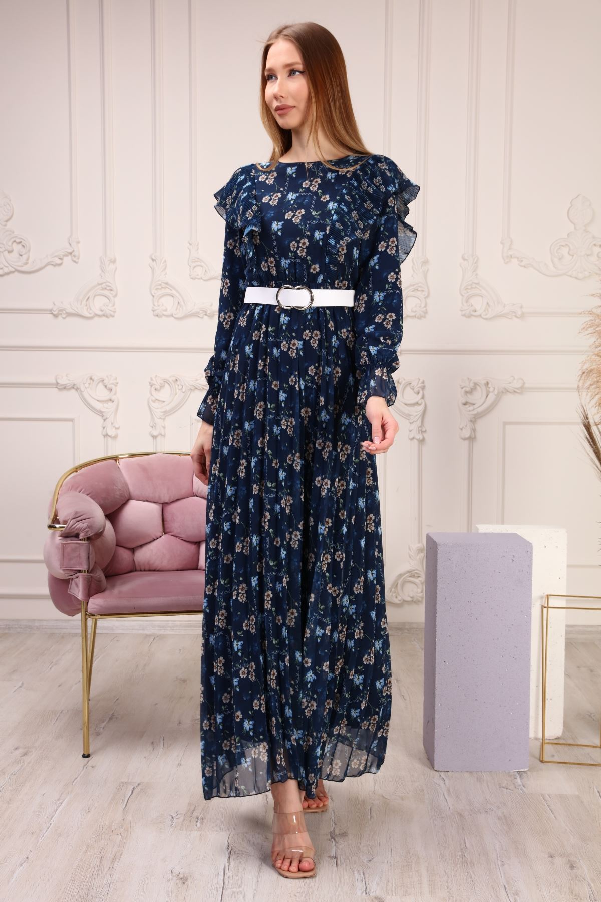 Omuzu Fırfırlı Desenli Lacivert Kadın Elbise
