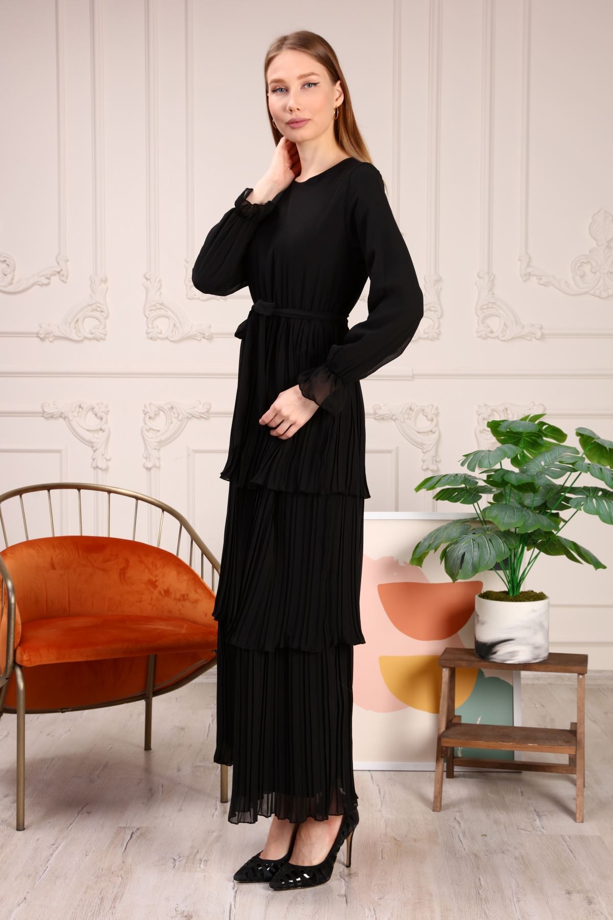 Fırfırlı Uzun Kol Kadın Elbise