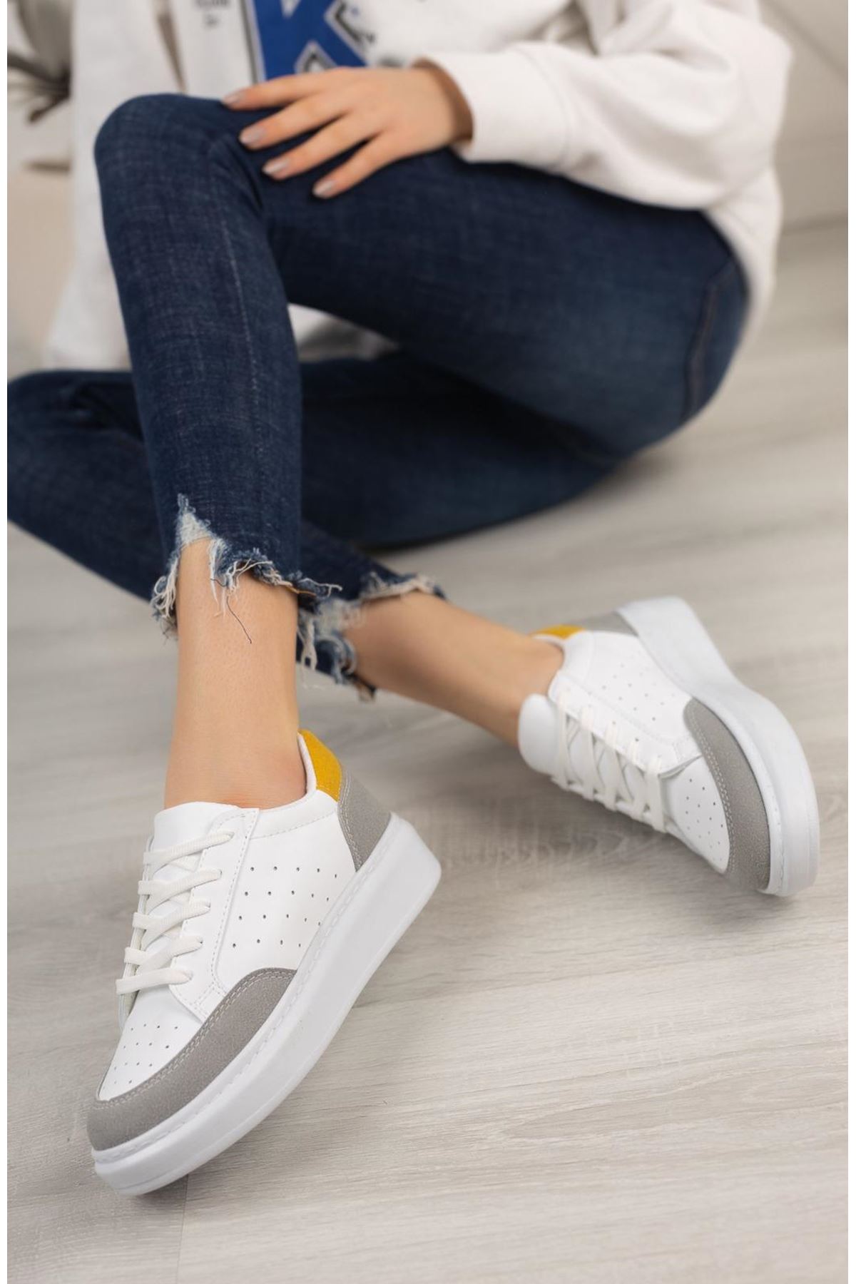 Termo Taban Sarı Garnili Beyaz Spor Ayakkabı