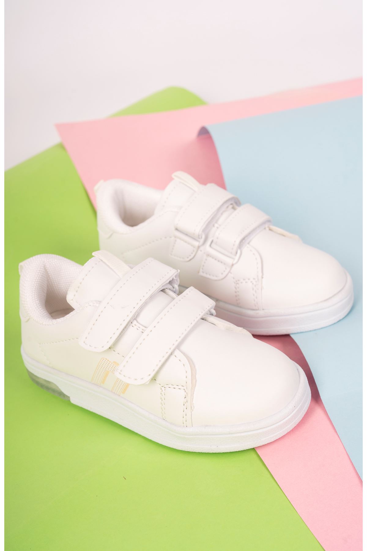 Çift Cırtlı Işıklı Beyaz Bebe Spor Ayakkabı