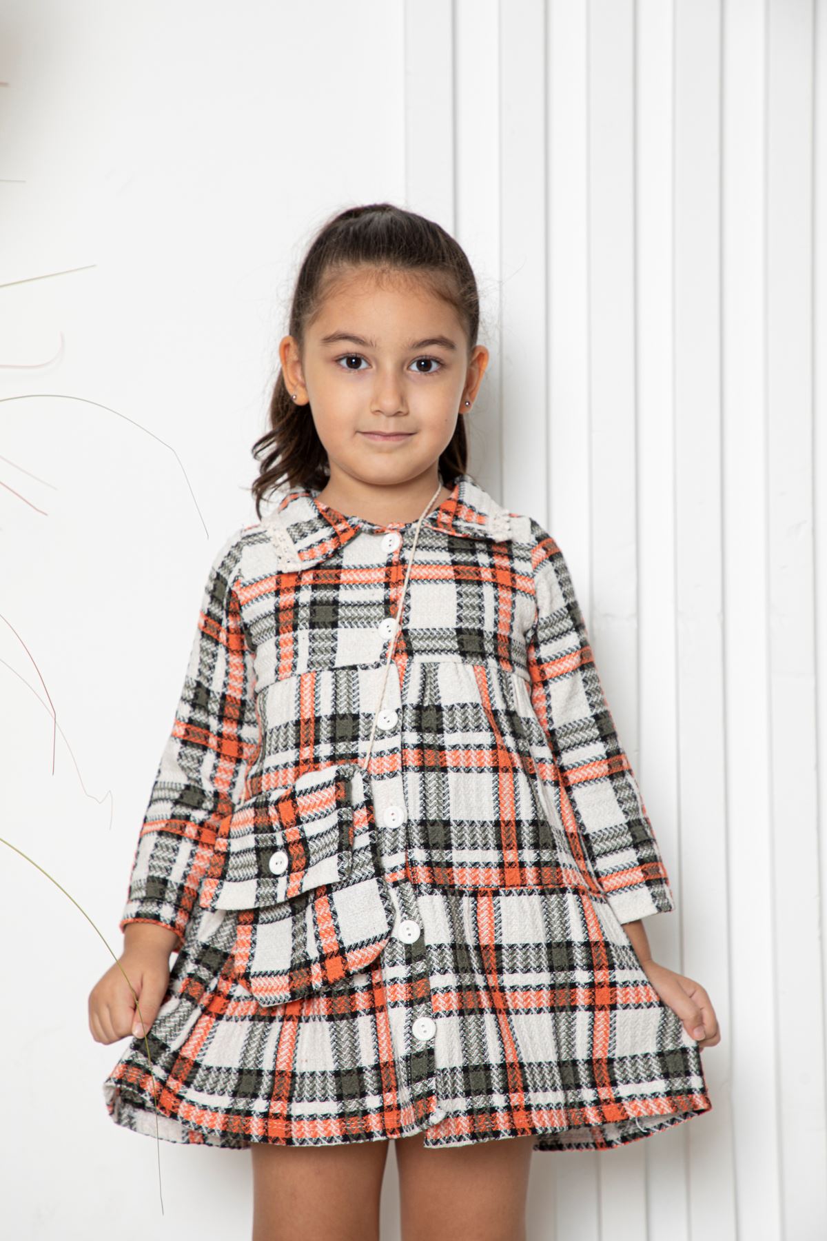 Çantalı Düğmeli  Ekose Kız Çocuk Elbise