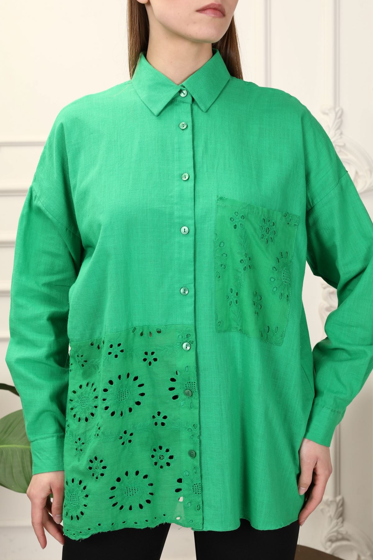 Cepli Lazerli Yeşil Kadın Gömlek