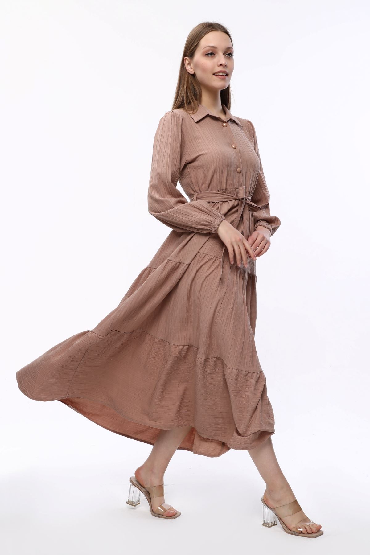 Kuşaklı Su Yolu Vizon Kadın Elbise