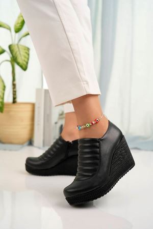 Dolgu Taban Fermuarlı Siyah Cilt Kadın Ayakkabı
