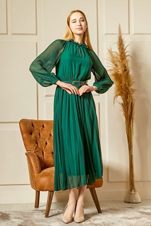 Kemerli Piliseli Şifon Kadın Elbise