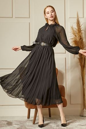 Kemerli Piliseli Şifon Kadın Elbise