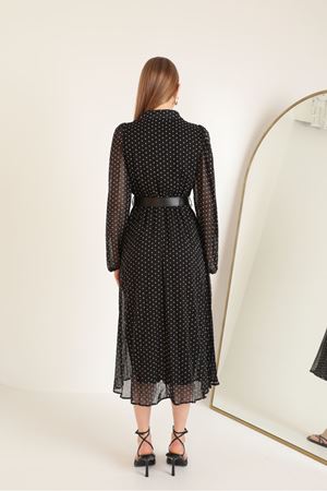 Kemerli Puanlı Kadın Şifon Elbise