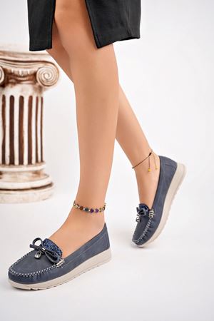 Dolgu Topuk Termo Taban Dili Taşlı Lacivert Kot Ayakkabı