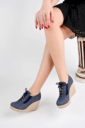 Dolgu Topuk Kancalı Lacivert Kot Kadın Ayakkabı