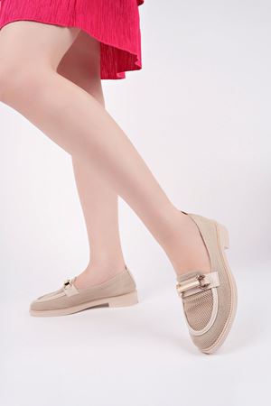 Dolgu Topuk Tokalı Triko Krem Kadın Ayakkabı