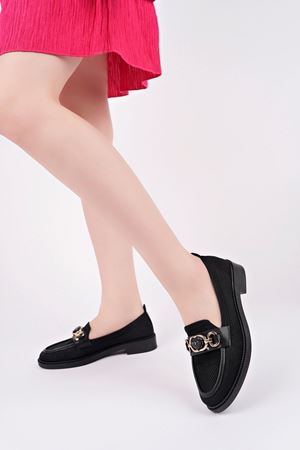 Dolgu Topuk Tokalı Triko Siyah Kadın Ayakkabı